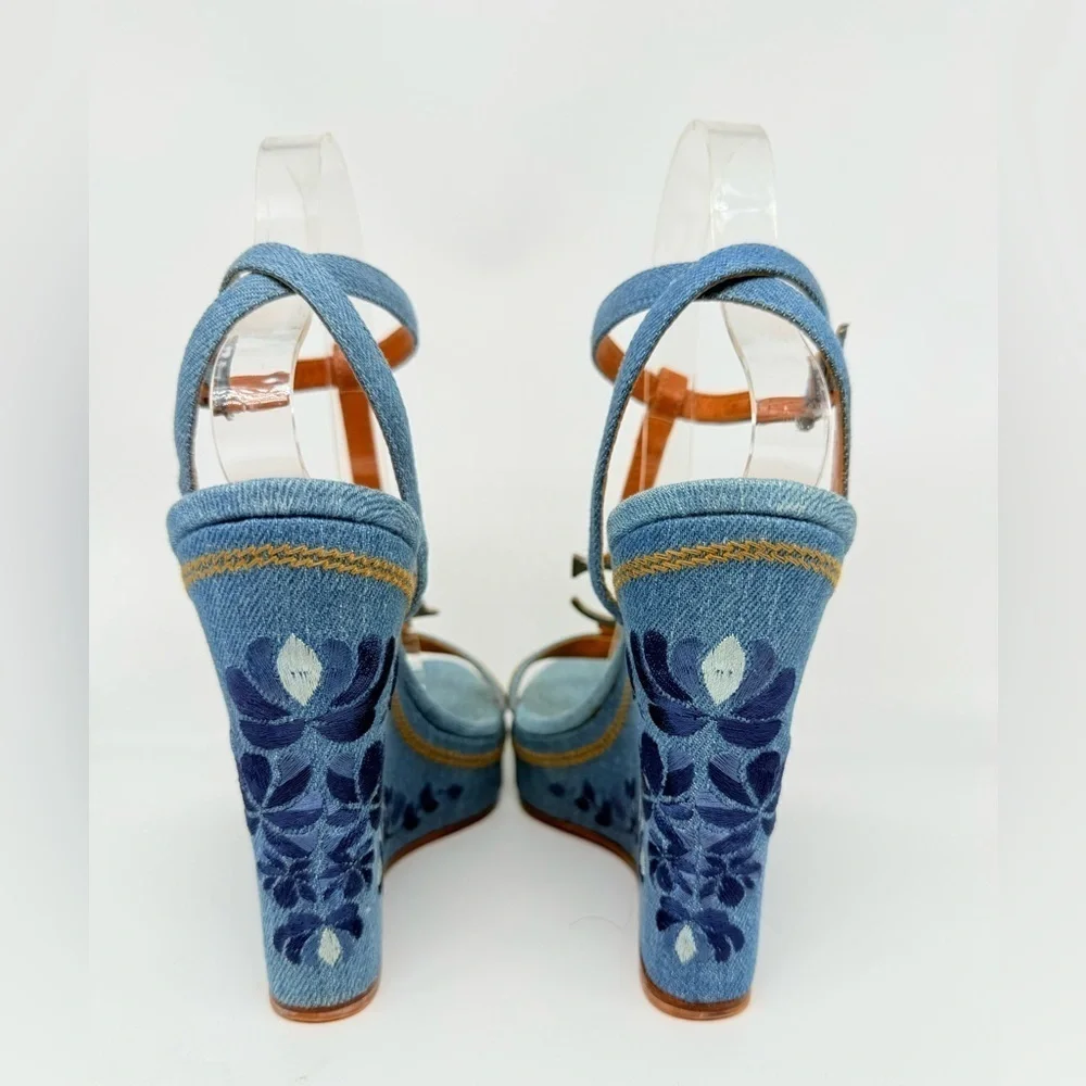 Christian Dior Vintage Denim Leather CD logo floral embroidered wedge heels 38.5